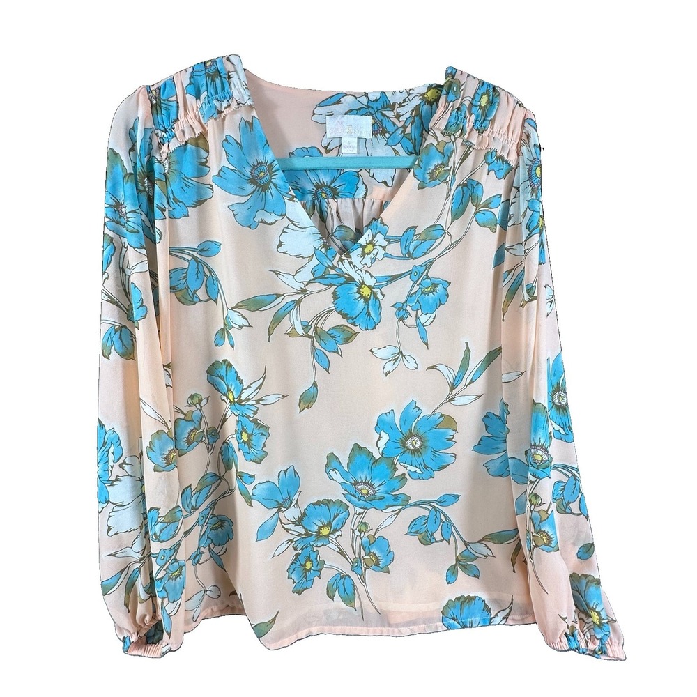 Belle by Kim Gravel Top Women Small Peach Floral Boho Long Sleeve Artsy V-Neck